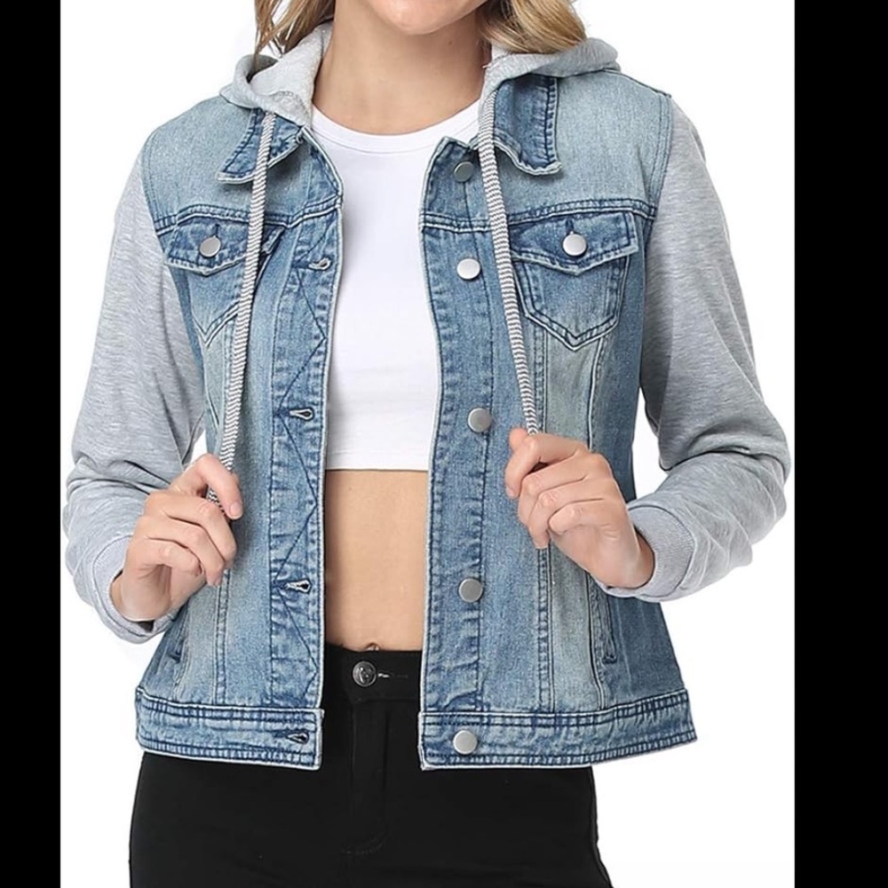 Silver Jeans stirling hybrid hooded denim blue jean jacket fleece combination M